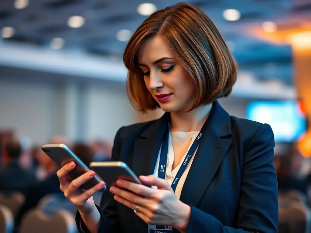 A photograph of a conference attendee using a mobile app to view the conference schedule, highlighting the convenience and accessibility of the digital schedule.