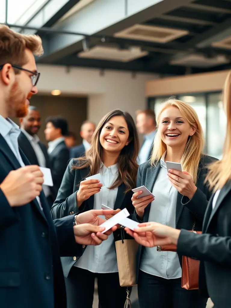 A photograph of a networking event at a business conference in Birmingham, showcasing professionals connecting and exchanging business cards in a relaxed setting.