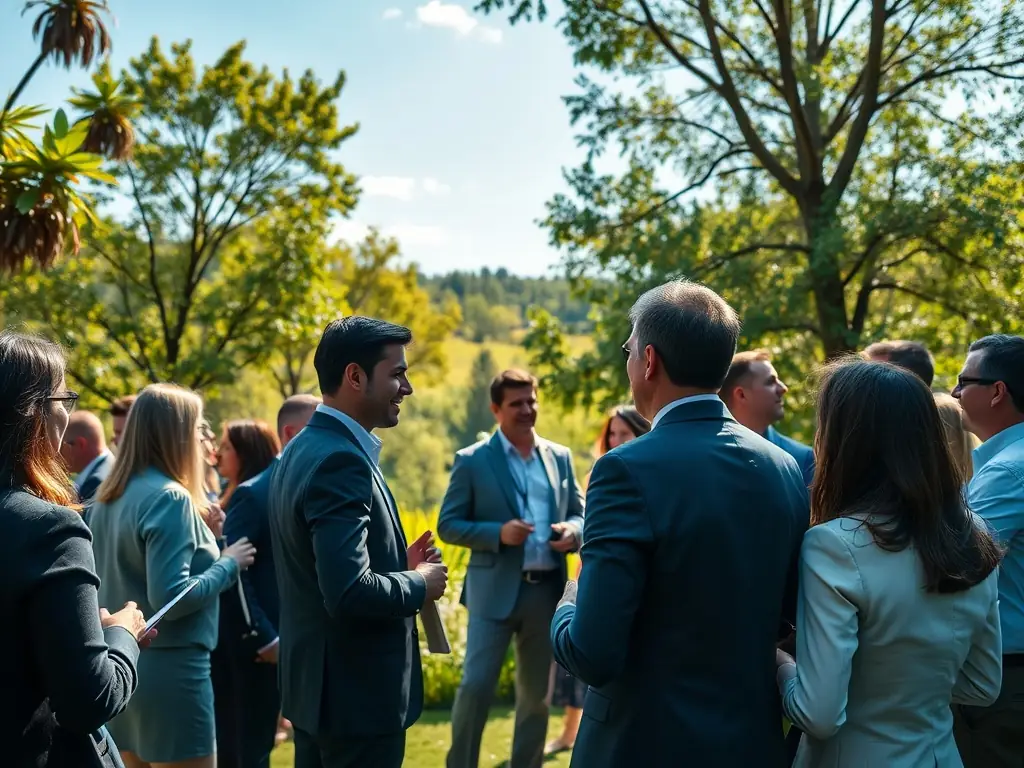 A diverse group of professionals networking at a conference in London, with iconic UK landmarks visible in the background, symbolizing the connection to the UK business ecosystem.