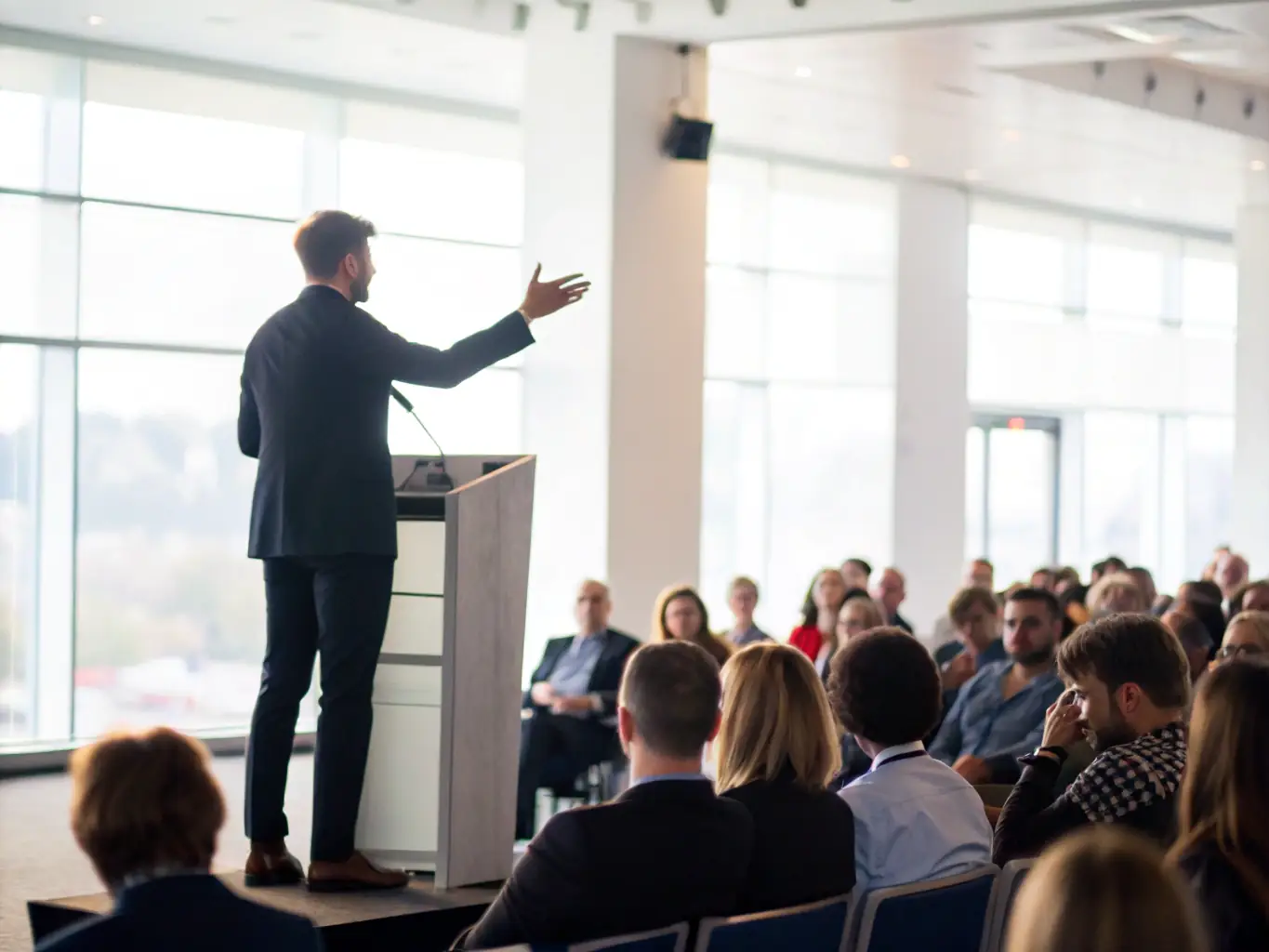 A dynamic photograph capturing a keynote speaker passionately addressing a large audience at a past conference, with the conferenceuk.site logo subtly displayed in the background.