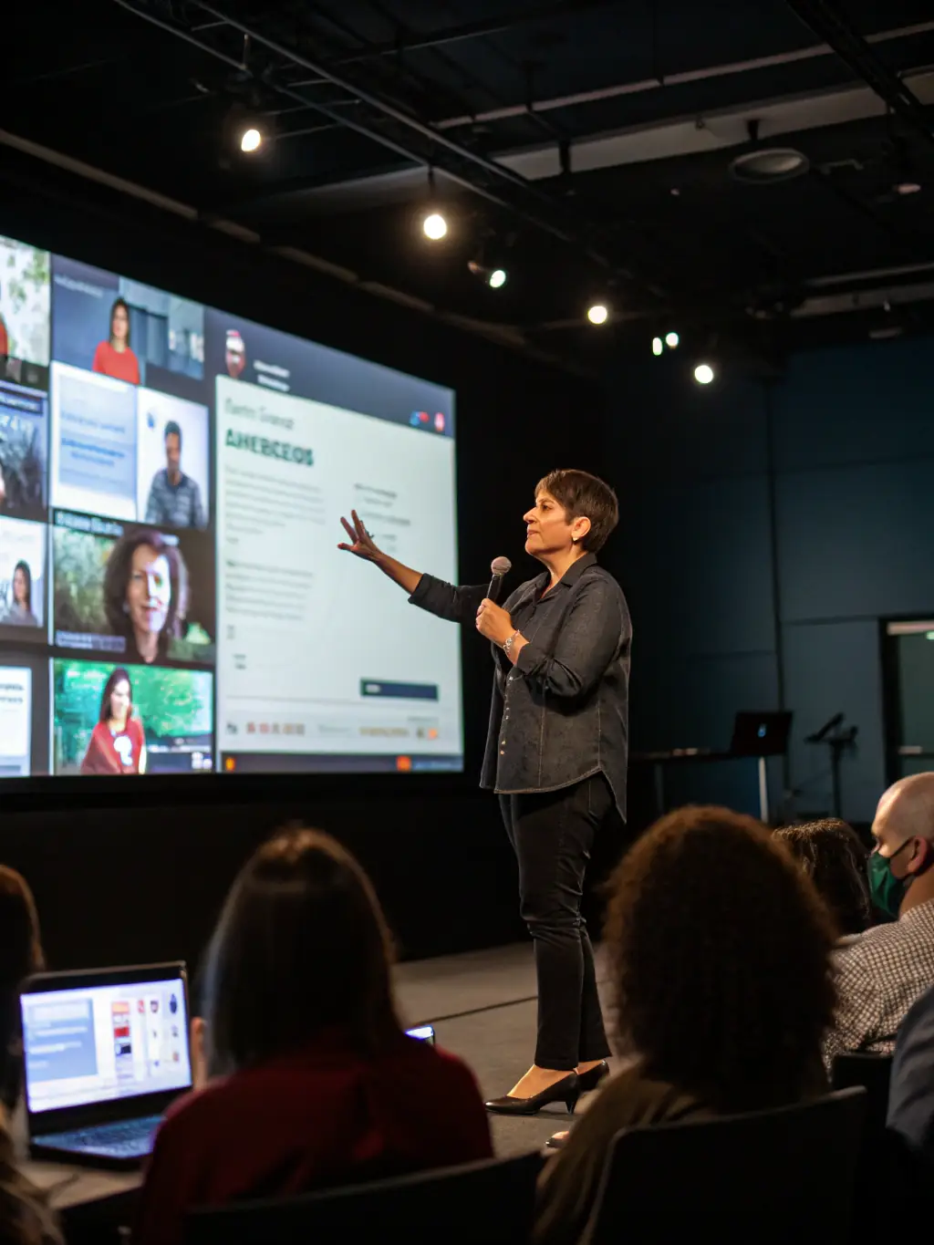 A photograph of a keynote speaker presenting on stage at a business conference in London, with a focus on audience engagement and the speaker's dynamic presence.