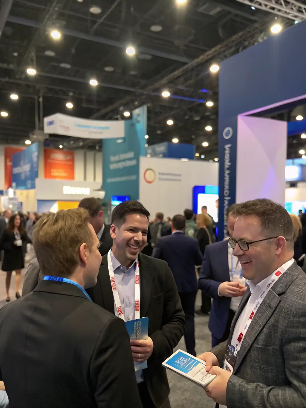 A photograph of a conference venue in Manchester, featuring a bustling exhibition area with company booths and attendees interacting.