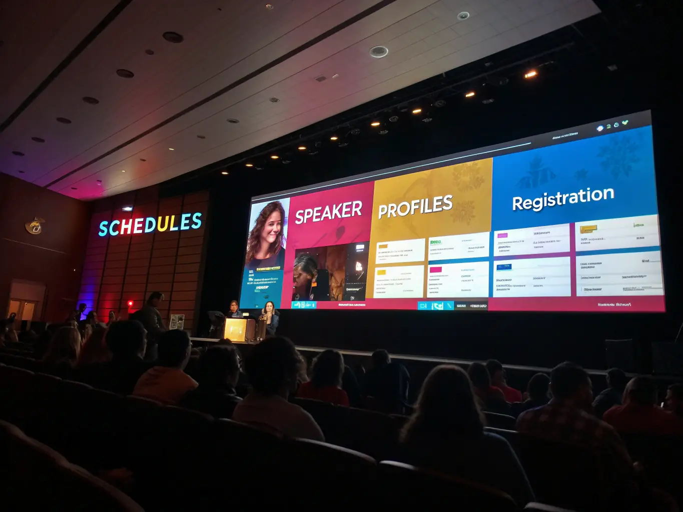 A well-organized conference schedule displayed on a digital screen, showing session times, locations, and speaker names. The image should convey clarity and ease of navigation.