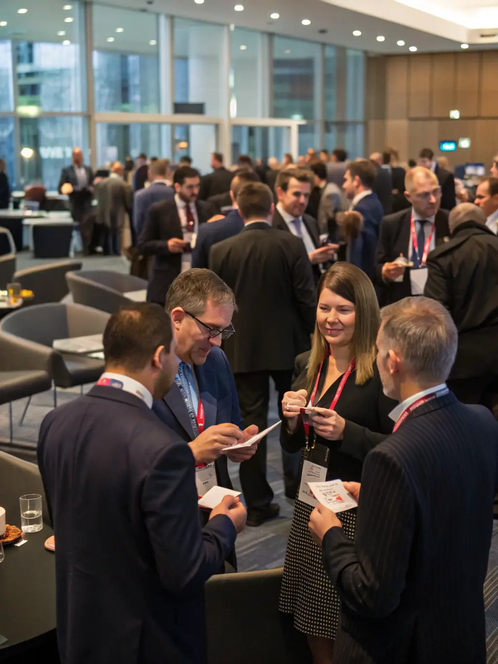 A photograph of a networking event at a conference in Birmingham, showing professionals engaging in conversations and exchanging business cards.